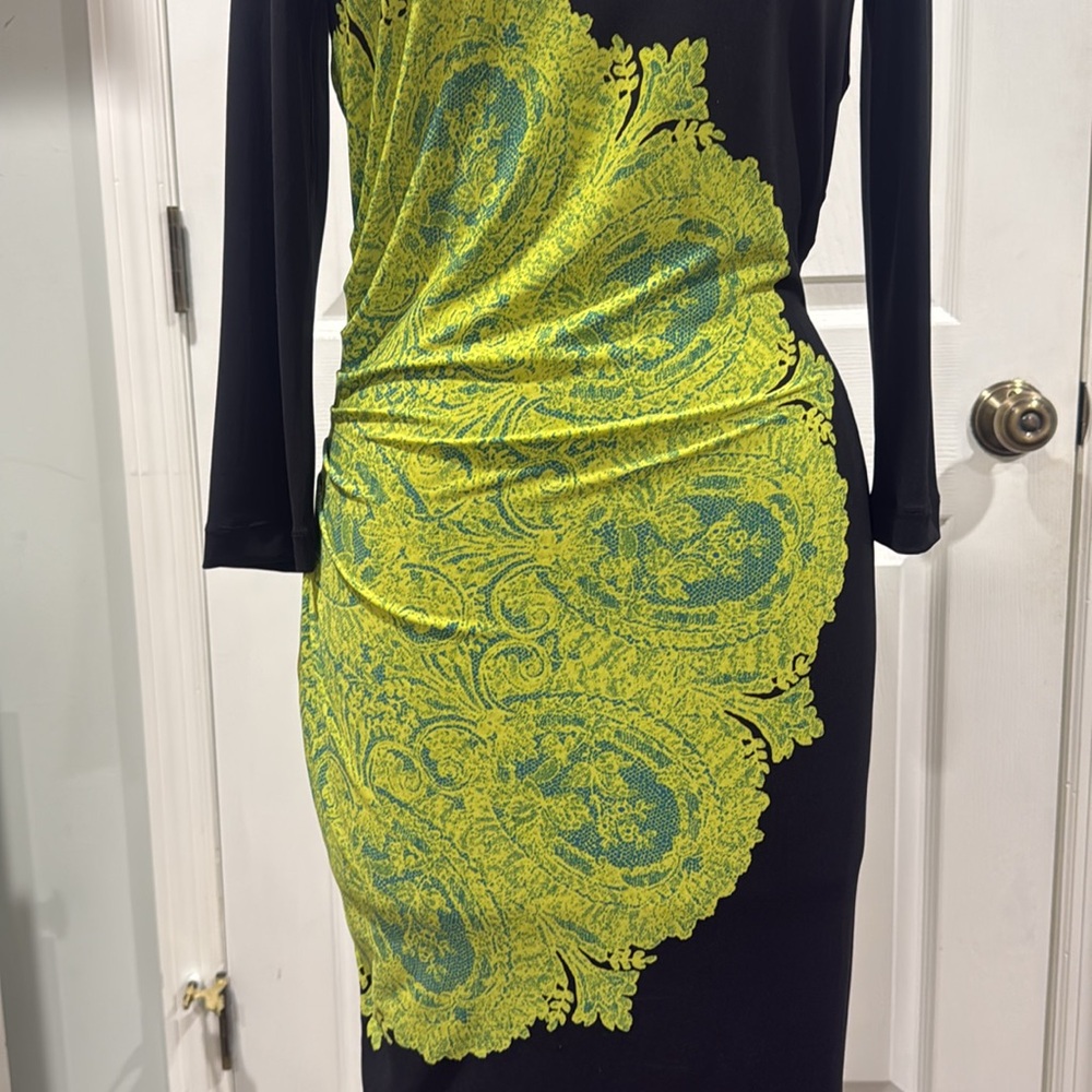 BCBGMaxazria Black dress with green/ lime color design in perfect condition - Picture 2 of 4